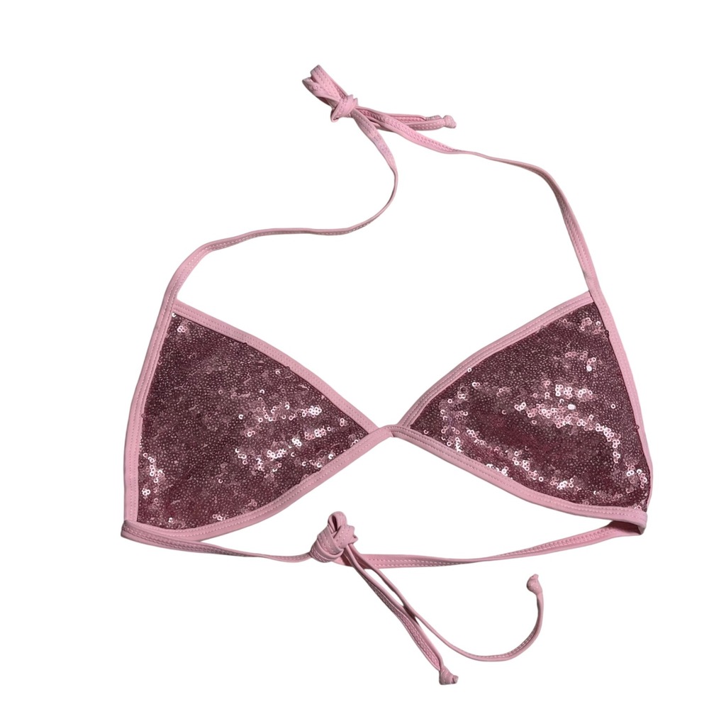 Superdown Chantel Womens Pink Sequin Triangle Bikini Top Halter Tie  Small